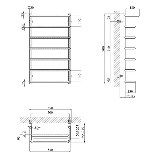 Полотенцесушитель водяной Kroner Скоба ДСп06 900x530/7 с полкой CV018527, Хром, нижнее - фото 2
