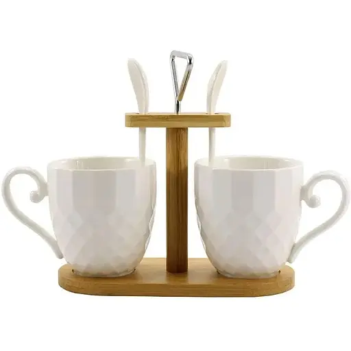 Набір чашок Interos порцелянові 2 штуки на бамбуковій підставці з ложками 300 мл PJ03395 B