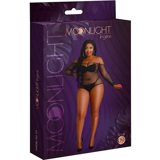 Сітчасте боді зі стразами Moonlight Plus Model 09 XL-XXXL Black, відкриті плечі - фото 5