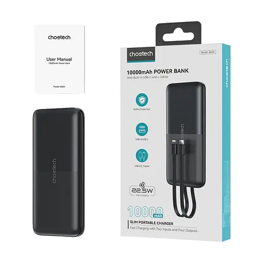 Повербанк 10000mAh Choetech B654 Black 22.5W QC3.0 PD3.0 вбудовані кабелі Type-C та Lightning (43-00147) - фото 3