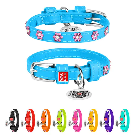 Ошейник для собак кожаный Waudog Glamour с QR-паспортом с клеевыми стразами "Цветы" Ш 9 мм Д 18-21 см голубой - фото 2