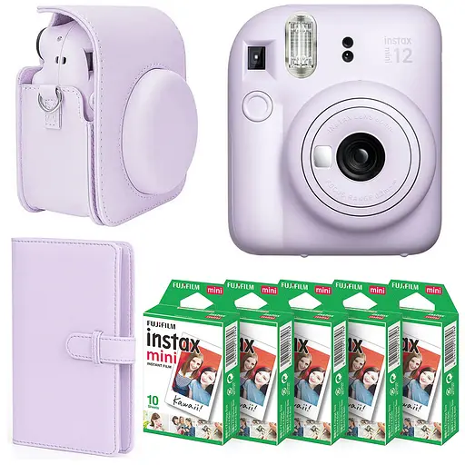 Набор камера Fujifilm Instax Mini 12, Фотобумага 50 шт, Чехол, Фотоальбом 108 фото Фиолетовый - фото 1