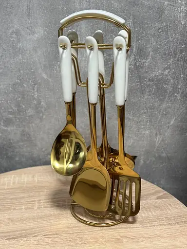 Набір кухонного приладдя з керамічною ручкою на підставці 6 штук Золото - фото 6