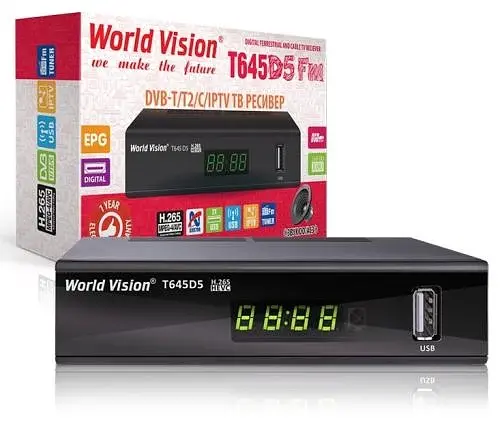 TV-тюнер зовнішній автономний World Vision T645D5 FM, Black, H.265, AC3. DolbyDigital, DVB-T2/T/C, FM тюнер, IPTV, DLNA, Stalker, без кнопок, дисплей, 2хUSB, зовнішній блок живлення, CPU-GX6706 єдине програмне забезпечення сумісне з лінійкою Т644xx та Т645 - фото 1