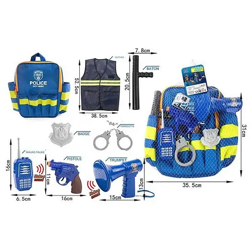 Полицейский набор 12 P 3 на батарейках, звук, рация, сирена, наручники, пистолет, значок, жилет, рюкзак, в сетке (6976239406613) - фото 2