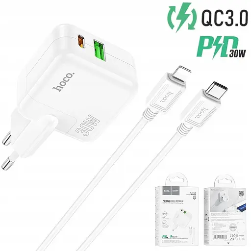 Зарядний набір блок Hoco C111A 2 порти USB A + C 30 Вт і кабель type-C Lightning - фото 3