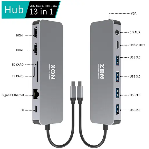 USB-хаб XON SmartHub 13 в 1 (Ethernet, VGA, 2xHDMI, 3.5 Audio, SD/TF, 2xType-C, 2xUSB3.0, 2xUSB2.0) Серый (XUCHP134322G 5290) - фото 3