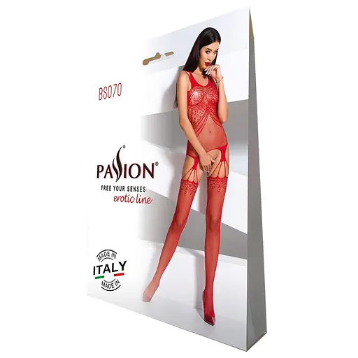 Бодистокинг Passion BS070 комбинезон имитация чулок и ажурного топа S/M/L red - фото 5