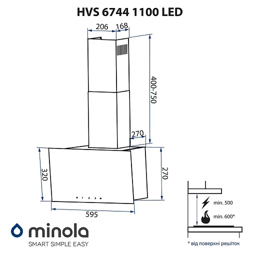 Вытяжка декоративная наклонная Минола HVS 6744 WH 1100 LED - фото 12