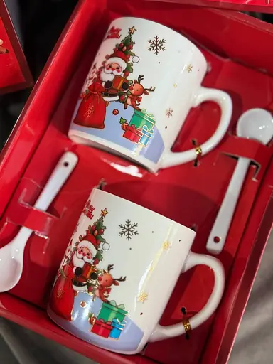 Набор новогодний С Рождеством керамическая Чашка 2 шт и ложечка 2 шт 200 мл Красный - фото 3