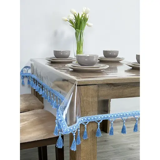 Скатерть силиконовая с синей бахромой 270х180 см - фото 1