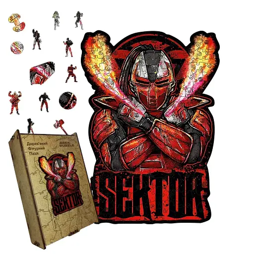 Деревяний фігурний пазл МК Сектор, А5, Деревяна коробка 35 елементів