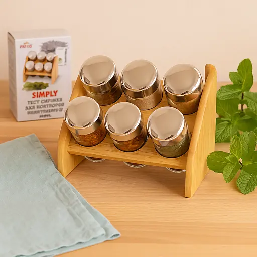 Набор для специй Simply 6 банок на деревянной подставке. Баночки для специй с крышками [MD] - фото 2