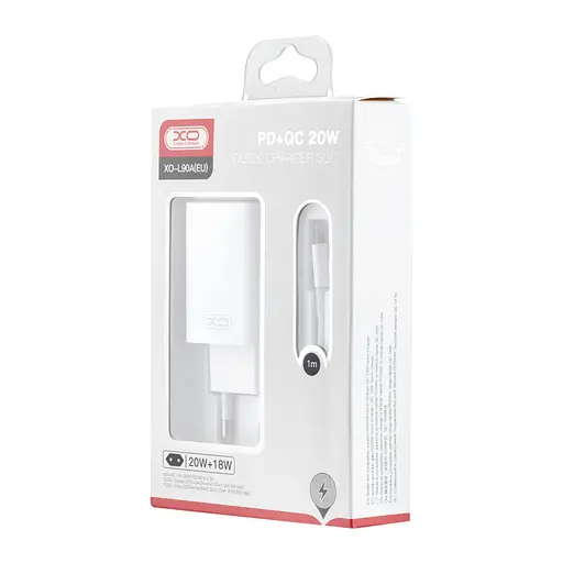 Мережевий зарядний пристрій XO L90A EU PD20W + QC18W Fast charging with light with Lightning cable ( NB113 ) Білий - фото 2