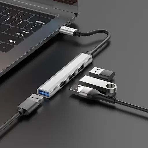 Usb-хаб Hoco HB26 4 in 1 adapter (Type-C to Usb3.0+Usb2.0x3) Серебристый - фото 2