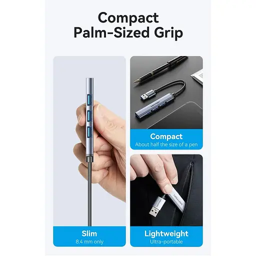 Хаб USB 3.0 - 1xUSB 3.0/3xUSB 2.0, 0,15 м, 5 Гбит/с, Grey Vention - фото 5