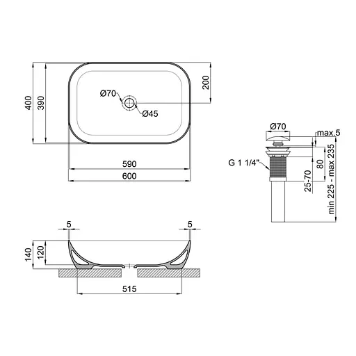 Умивальник Qtap Robin накладний прямокутний 610x400x145 мм White + донний клапан PU02, Білий - фото 2
