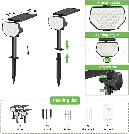 Солнечные прожекторы Lepro для внешнего сада, 43 светодиодных солнечных садовых светильника с IP65 водонепроницаемостью, 2 режима. - фото 4