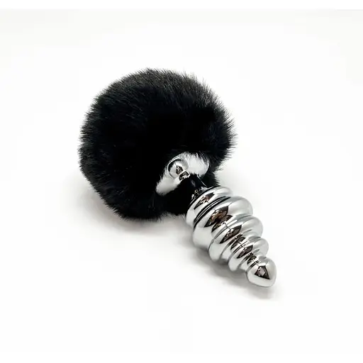 Металева анальна пробка Кролячий хвостик Alive Fluffy Twist Plug L Black діаметр 3.8 см - фото 2