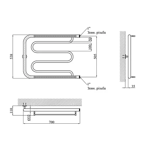Рушникосушарка водяна Kroner Фокстрот ФП04 530x700 CV026886, Хром, боковое - фото 2
