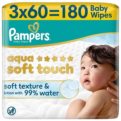 Детские влажные салфетки Pampers Aqua Soft Touch 180 шт. (3 упаковок x 60 шт.) - фото 1