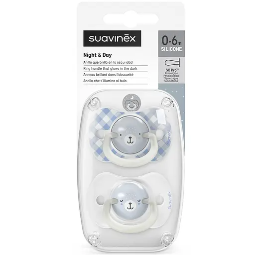 Пустушка фізіологочна нічна Suavinex Night and day набір: 2 шт., 0-6 місяців блакитна з малюнком (309098)