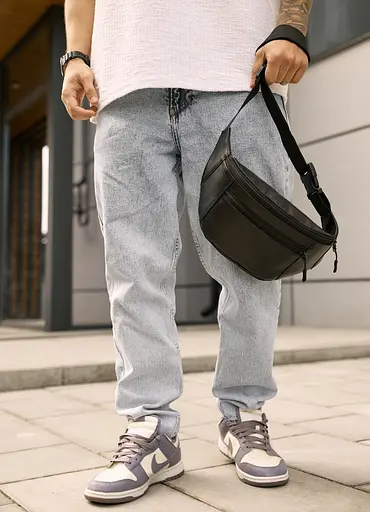 Большая мужская кожаная сумка на пояс бананка Sambag Tirso Max черная 38×17×6 см (81341101m) - фото 2