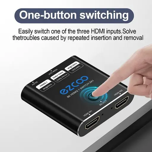 HDMI-переключатель 8K60 Гц 2 входа 1 выход, 4K120 Гц 2X1 с кнопочным переключателем, поддерживает 48 Гбит/с, CEC, ARC - фото 4