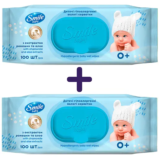 Набор влажных салфеток Smile Baby с экстрактом ромашки и алоэ 200 шт. (100 шт. x 2 уп.)