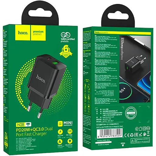 Мережевий зарядний пристрій Hoco N28 Founder 20W USB-C + USB Black (93092) - фото 5