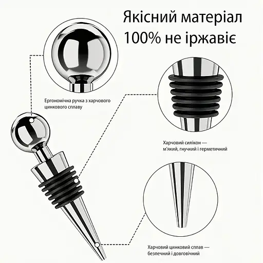 Пробка металлическая для бутылок вина и шампанского затычка многоразовая 8.5 см, Kitchen Master Серебристый 87557 - фото 6