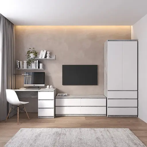 Комплект мебели в гостиную VAYS шкаф R-9, тумба R-6, стол R-1, полки М-22, бетон-белый фасад