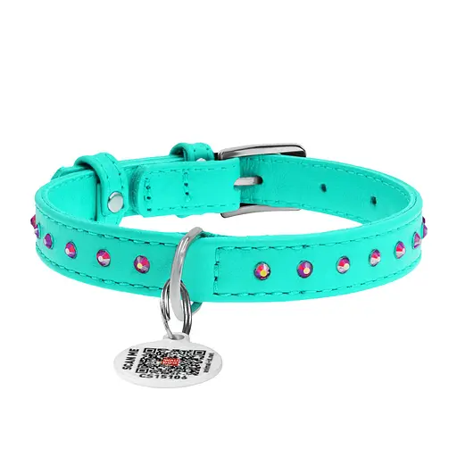 Ошейник для собак кожаный Waudog Glamour с QR-паспортом с клеевыми стразами Ш 15 мм Д 27-36 см ментоловый - фото 3
