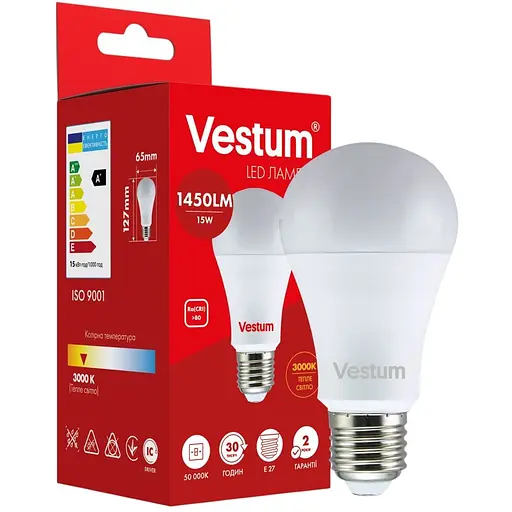 Світлодіодна лампа Vestum A65 15W 3000K 220V E27 1-VS-1102