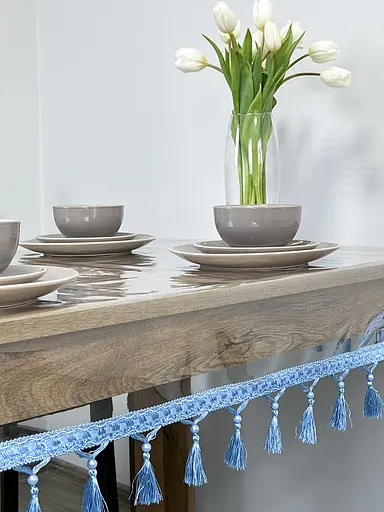 Скатерть силиконовая с синей бахромой 340х100 см - фото 2