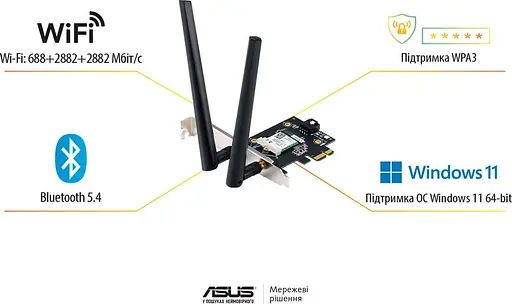 Адаптер Asus PCE-BE6500 WiFi 7 + Bluetooth 5.4 до 2882 Мбит/с 2 внешние антенны - фото 6