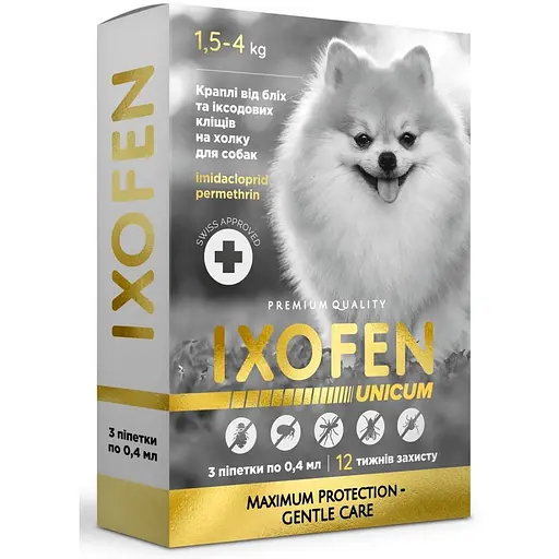 Краплі проти іксодових кліщів, бліх та комарів Unicum Ixofen для собак 1.5-4 кг 3 піп. х 0.4 мл - фото 1