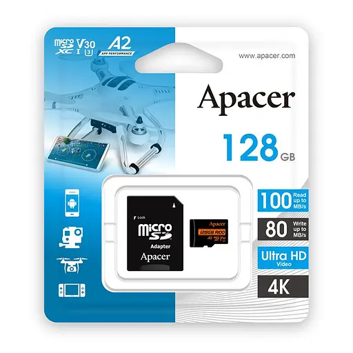 Apacer Карта пам'яті microSD 128GB C10 UHS-I U3 A2 R100/W80MB/s + SD - фото 2