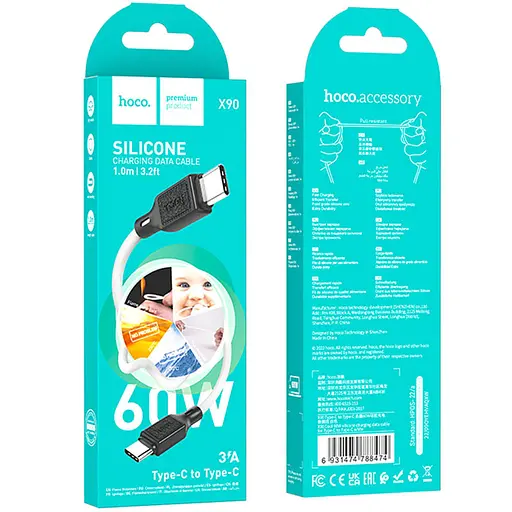 Дата кабель Hoco X90 Cool silicone Type-C to Type-C 60W (1m) White - фото 5