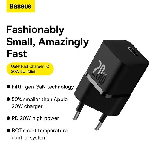Блочок швидкого заряджання адаптер живлення Baseus GaN5 Fast Charger (mini) OS 1 USB-C 20 W чорний - фото 6