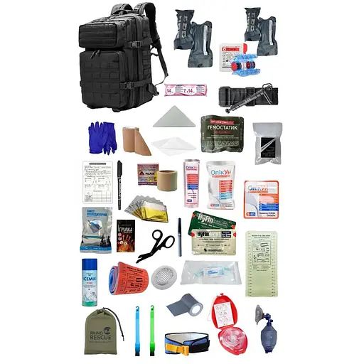 Укомплектованный медицинский тактический рюкзак №3 Rescue Ready Molle 45 л черный - фото 1