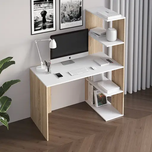 Комп’ютерний стіл Vays M-17 Дуб Сонома-Білий, письмовий з боковим стелажем зправа, ЛДСП, 120×60×148 см - для дому, навчання, офісу