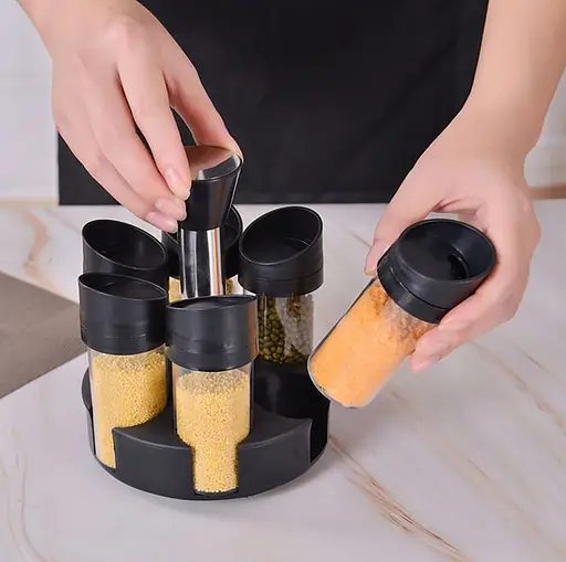Набор из 6 стеклянных баночек для специй и приправ на вращающейся подставке 360 градусов, дозатор 3 режима Черный 88204 - фото 8