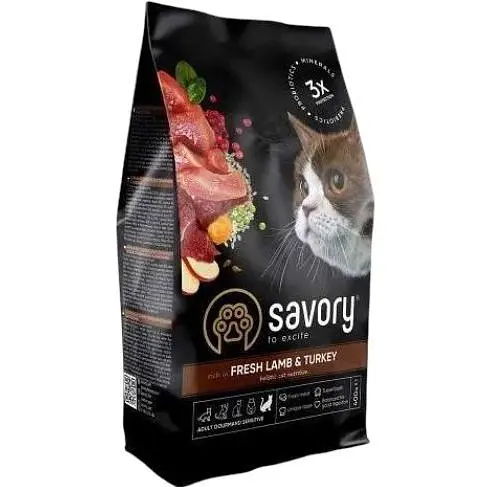 Сухой корм Savory для кошек с чувствительным пищеварением со свежим ягненком и индейкой 400 г - фото 1