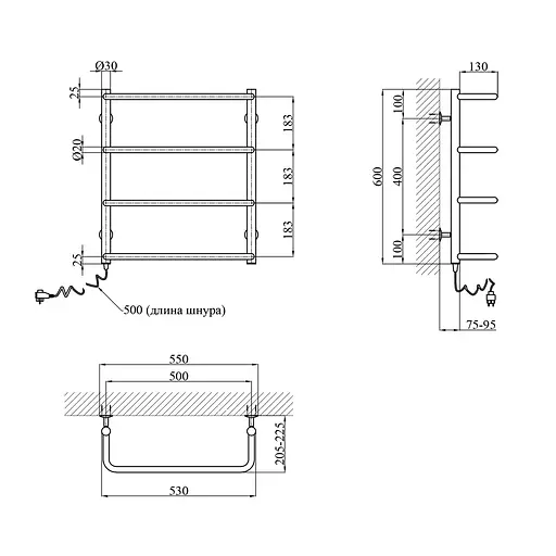 Полотенцесушитель электрический Kroner Скоба ДС08ER 600x500/4 ЕR CV023832, Хром, Правое - фото 2