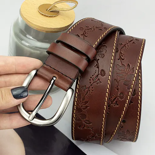 Ремінь шкіряний жіночий з квітами коричневий батал SF-3531 (145 см) - фото 9