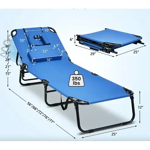 Шезлонг Costway Hanna розкладний з отвором для обличчя блакитний - фото 5