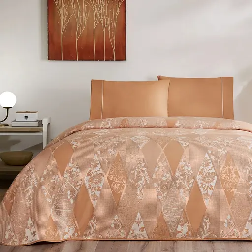 Постельное белье с жаккардовым покрывалом-пике Flava Kiremit / простыня на резинке Tac pbe0051420 - фото 1