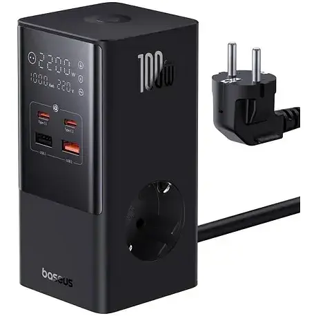 Зарядний пристрій подовжувач Baseus PowerCombo Tower Power Strip 2AC+2U+2C 100W 1.5m - фото 1