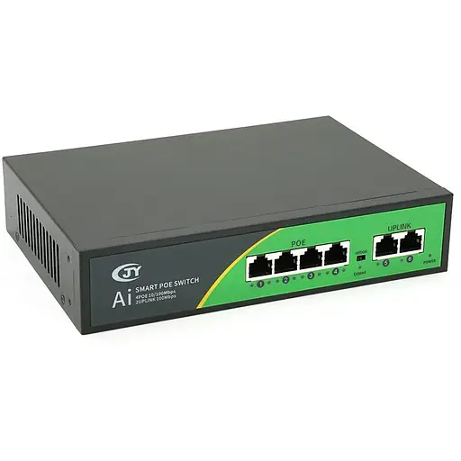 POE комутатор JY-1006B 4 POE 10/100 + 2 RJ45 10/100 + вбудований блок живлення 52V 1.38A
